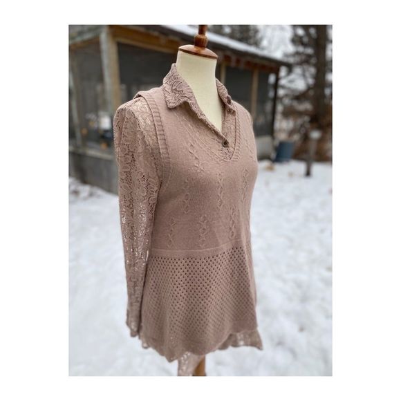 Simply Couture Set Lace Tunic Knit Sweater Vest Taupe Sz S - Picture 2 of 8